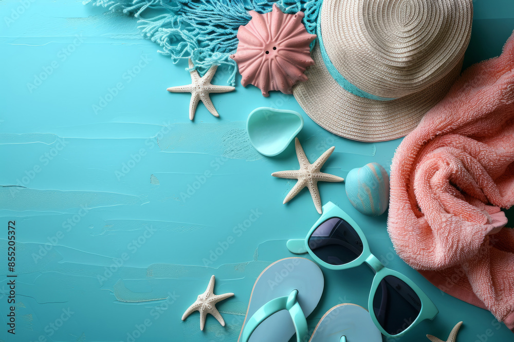 beach accessories for relaxing on the shore on a blue background beach accessories for relaxing on the shore on a blue background