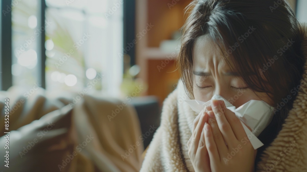 A person sitting on a couch blows their nose, providing a candid moment of personal hygiene A person sitting on a couch blows their nose, providing a candid moment of personal hygiene