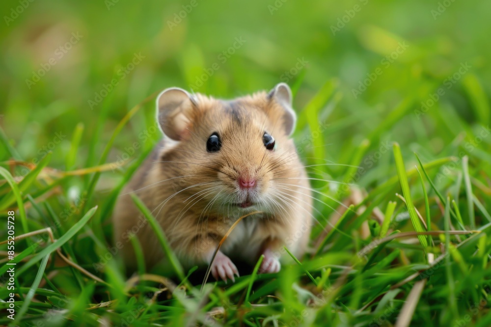 A small hamster sits in green grass, looking directly at the camera A small hamster sits in green grass, looking directly at the camera