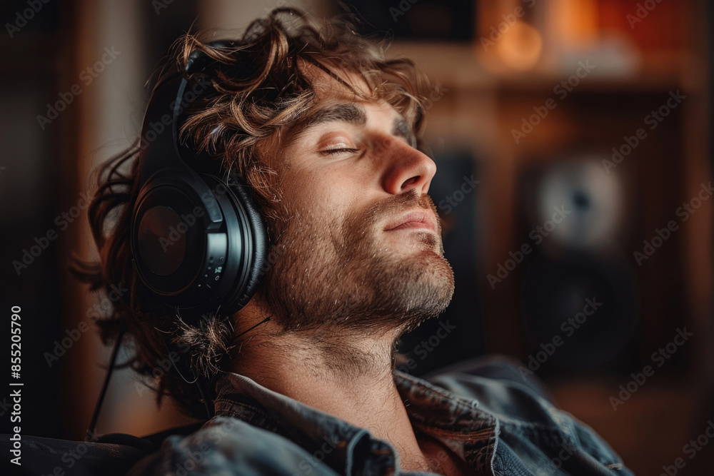 Male audiophile enjoying music with over-ear headphones Male audiophile enjoying music with over-ear headphones