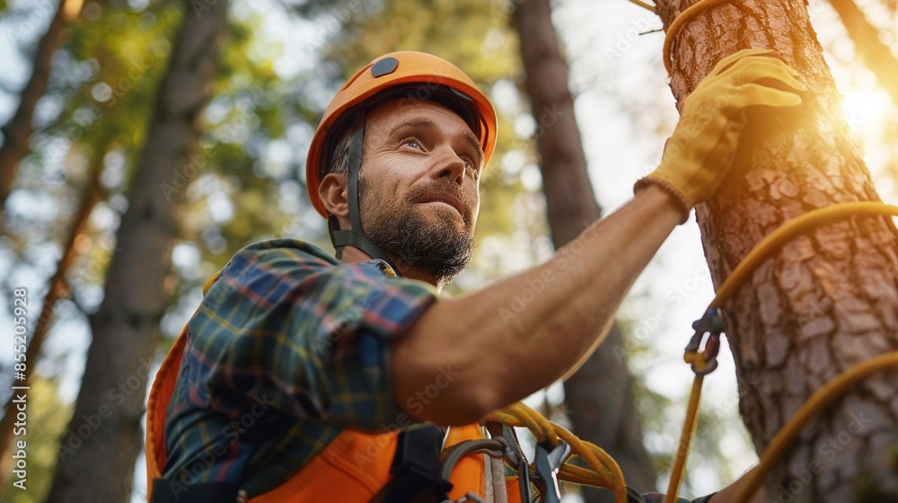 Climber equipped with harness and ropes ascending a tall tree in a forest, focusing on safety and tree care, warm natural light, detailed and dynamic Climber equipped with harness and ropes ascending a tall tree in a forest, focusing on safety and tree care, warm natural light, detailed and dynamic