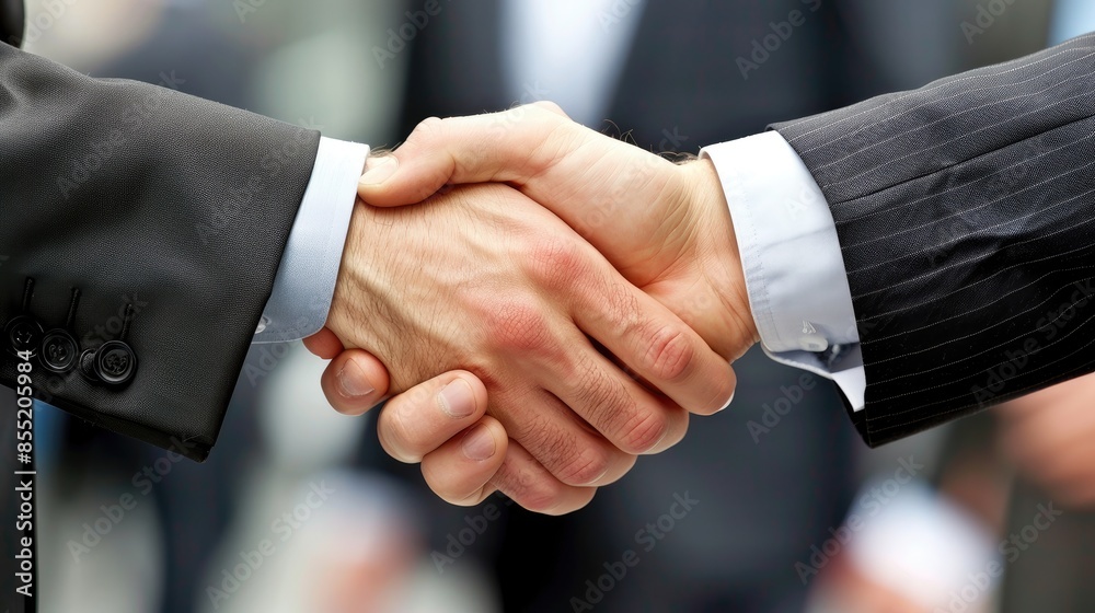 Business people are shaking hands. Two male businessmen with suits handshakes to seal the deal close up. Generative ai