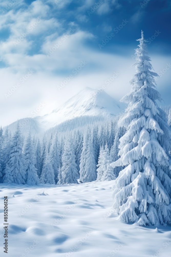 Fototapeta premium A serene snowy landscape with a mountain in the background, suitable for winter or outdoor-themed projects