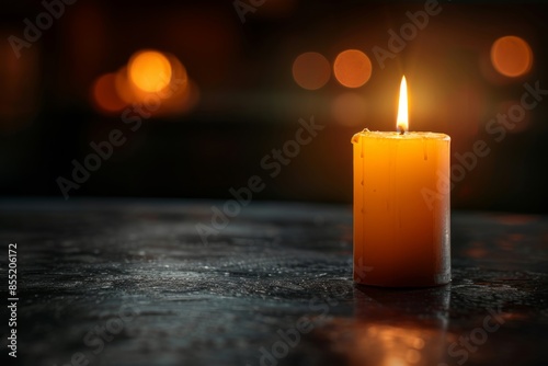 Burning wax candle on the table, a symbol of sorrow and mourning