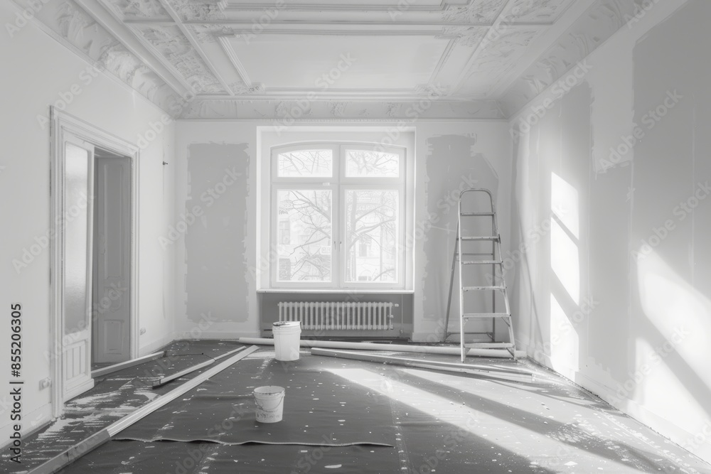 A room undergoing renovation with sunlight streaming through a large window. A ladder and paint cans sit on the floor, suggesting ongoing work A room undergoing renovation with sunlight streaming through a large window. A ladder and paint cans sit on the floor, suggesting ongoing work
