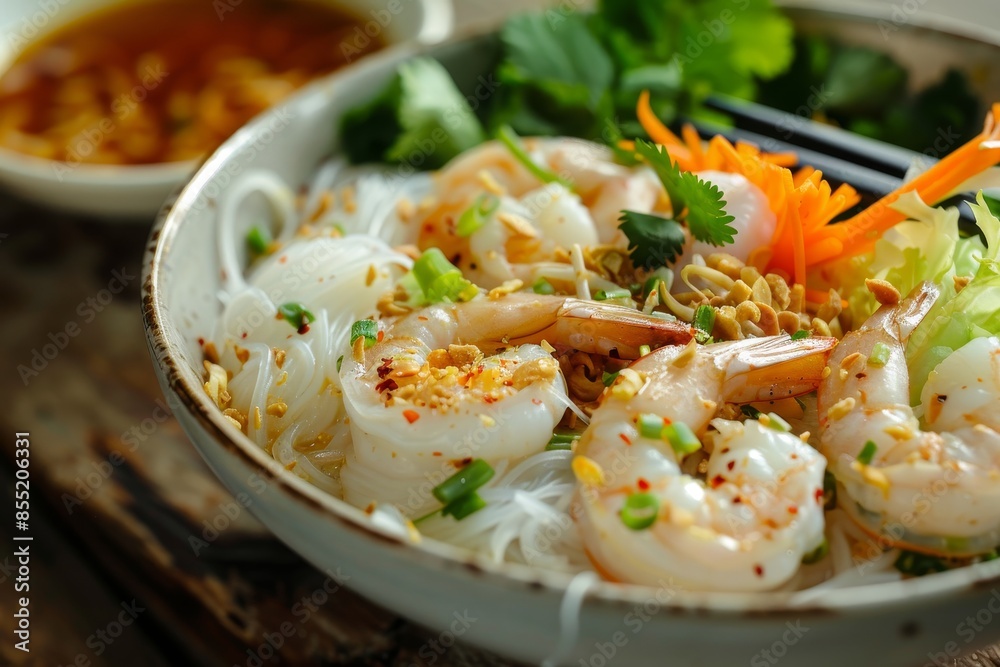 Rice noodles with shrimp, vegetables and garnishes in a bowl on a wooden table. Rice noodles with shrimp, vegetables and garnishes in a bowl on a wooden table.
