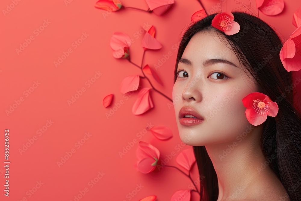 Fototapeta premium A woman wearing red flowers as a headdress