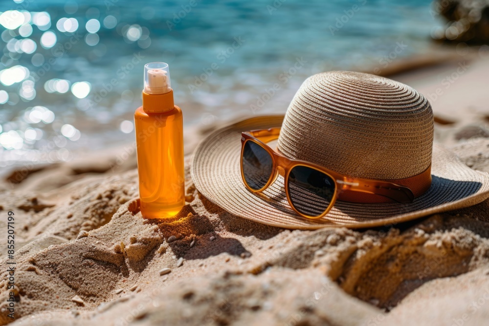 Straw hat and suncream on the seashore, vacation and tourism concept Straw hat and suncream on the seashore, vacation and tourism concept