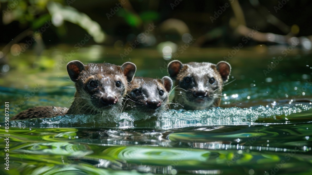 Three Curious Mongooses Swimming in a Lush Pond Three Curious Mongooses Swimming in a Lush Pond