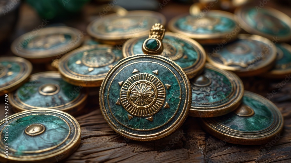 Closeup of Ancient Green and Gold Coin Jewelry