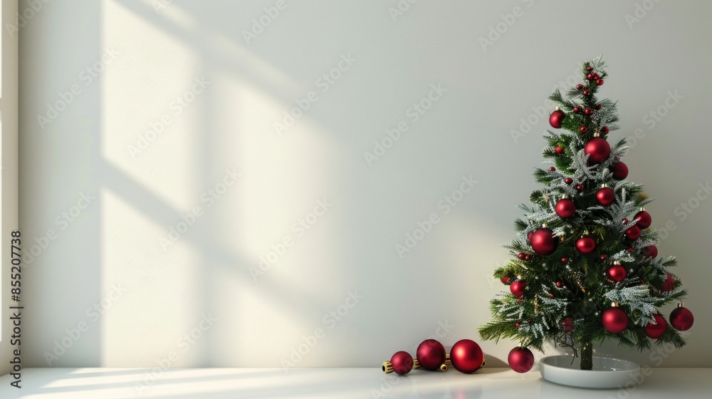 Frosted Christmas Tree with Red Ornaments Against a White Wall Frosted Christmas Tree with Red Ornaments Against a White Wall