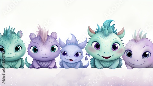 Five adorable baby dragons in different shades of purple and green, sitting in a row. photo