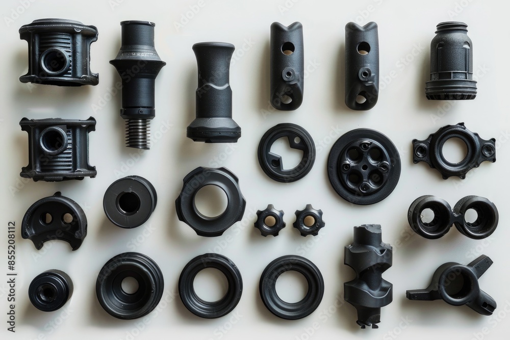 A selection of various plastic parts, including molds, tubes, and other shapes, useful for illustrations and diagrams A selection of various plastic parts, including molds, tubes, and other shapes, useful for illustrations and diagrams