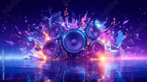 Abstract Background with Speakers and Colorful Splashes of Paint Reflected on Water