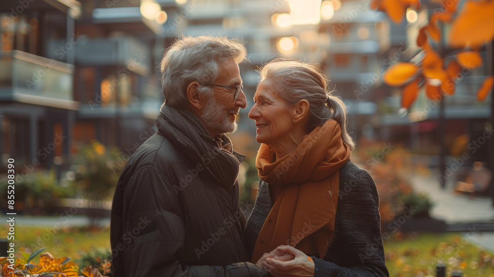 middle aged couple standing in front of a beautiful architeceture apartment building,generative ai middle aged couple standing in front of a beautiful architeceture apartment building,generative ai