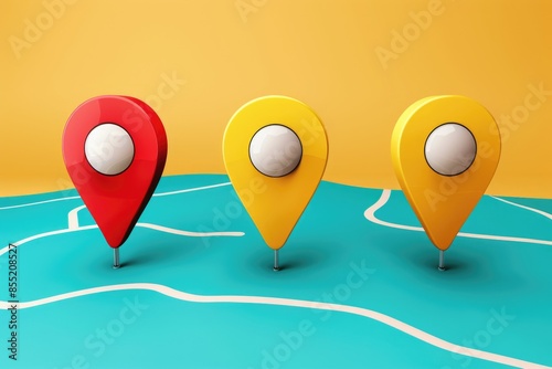 Group of markers on a map, highlighting specific locations