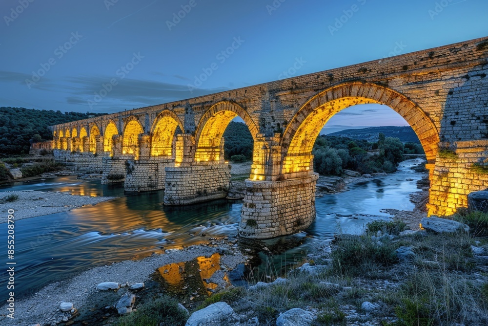 A stone bridge crosses a river under the cover of darkness A stone bridge crosses a river under the cover of darkness