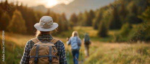 Happy hikers walking on a sunlit path, front woman holding trekking poles, lush mountain backdrop, capturing the joy of outdoor adventure, warm and vivid