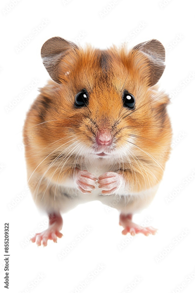 A small brown and white hamster standing on its hind legs, looking up A small brown and white hamster standing on its hind legs, looking up