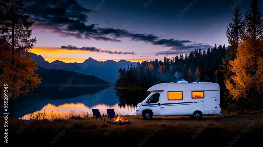 Camper parked near a lake during golden hour, surrounded by fall trees, campfire and chairs in the foreground, tranquil and cozy camping ambiance Camper parked near a lake during golden hour, surrounded by fall trees, campfire and chairs in the foreground, tranquil and cozy camping ambiance