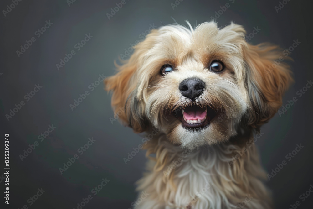 A small dog with brown and white fur is smiling and looking at the camera A small dog with brown and white fur is smiling and looking at the camera