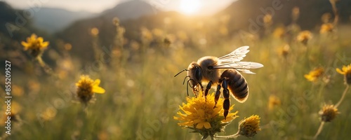 Bee macroshot with meadow and sunset in background. Extremely detailed and realistic high resolution illustration photo