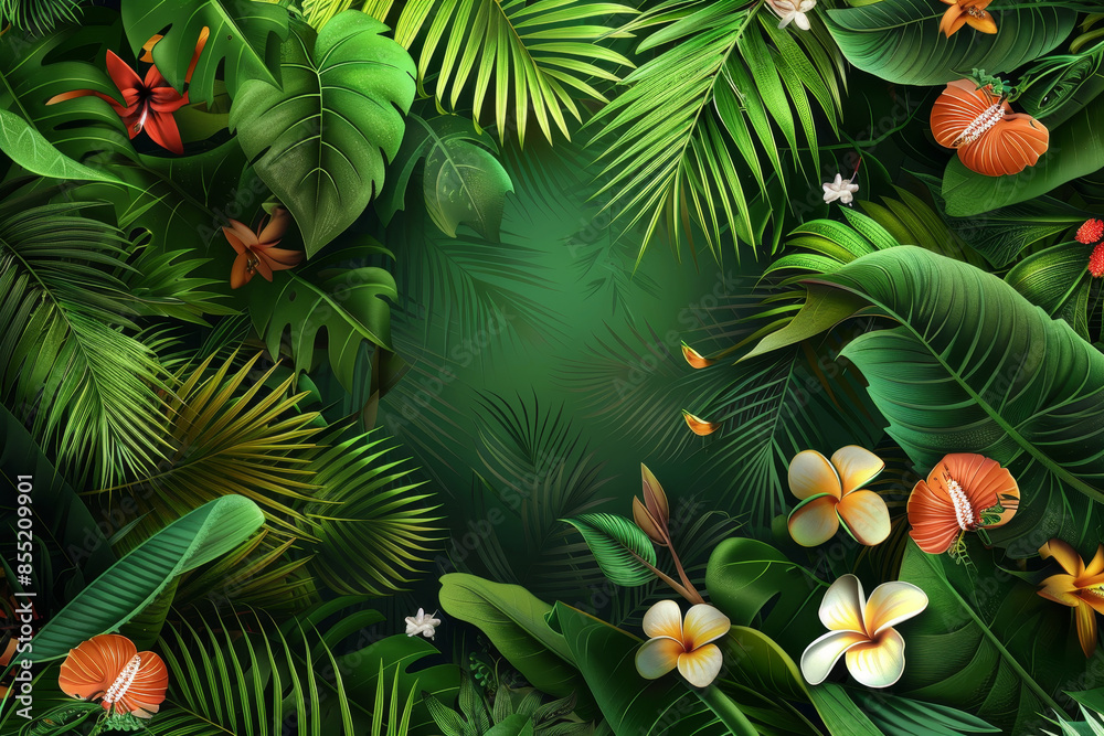 A lush green jungle with a large green background and a variety of flowers A lush green jungle with a large green background and a variety of flowers