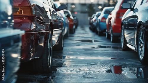 Row of parked cars in a typical parking lot setting, ideal for use in illustrations about daily life, transportation, or urban environments © Ева Поликарпова