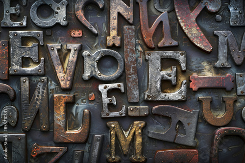 The image is a collage of old metal letters, including the letters E, L, M