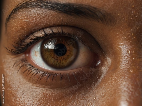 Close up image of the right eye of a dark-skinned woman with a brown iris.