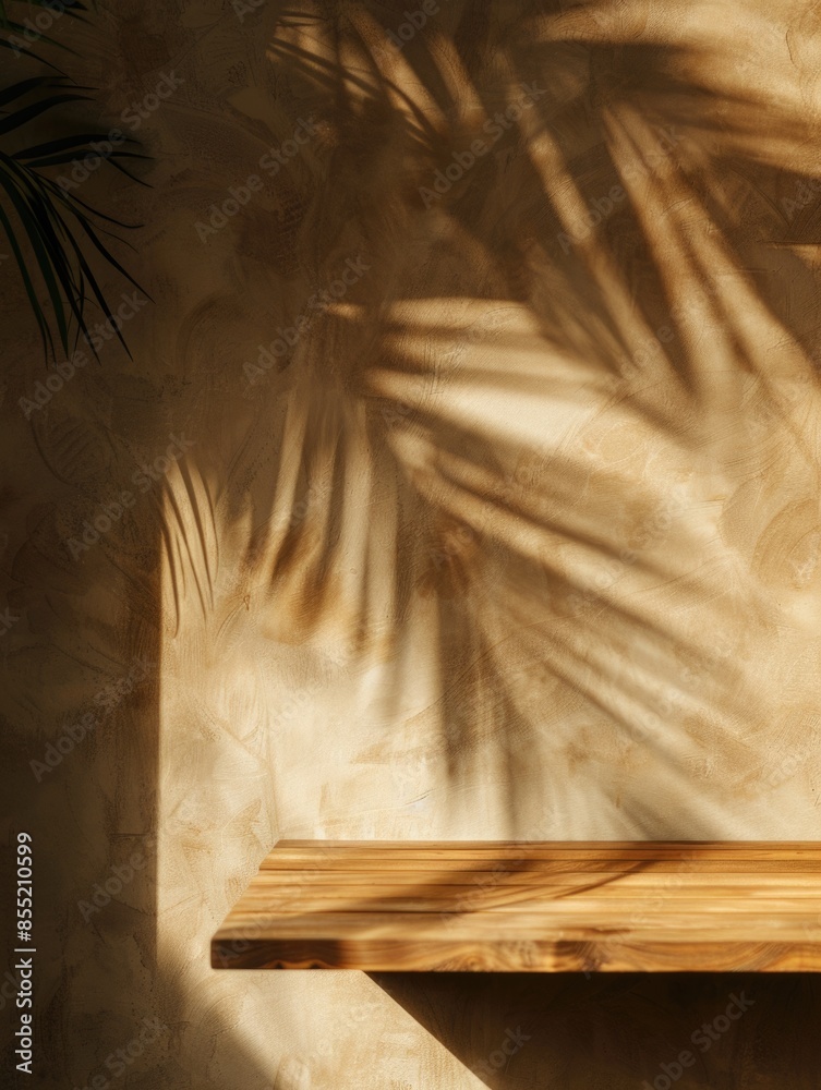 A wooden shelf with a plant's shadow on a wall, perfect for home decor or minimalist design inspiration A wooden shelf with a plant's shadow on a wall, perfect for home decor or minimalist design inspiration