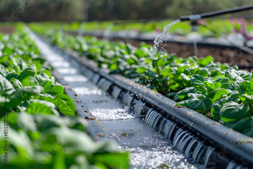 Close-up of a modern irrigation system watering rows of green crops in a lush, thriving agricultural field on a sunny day.