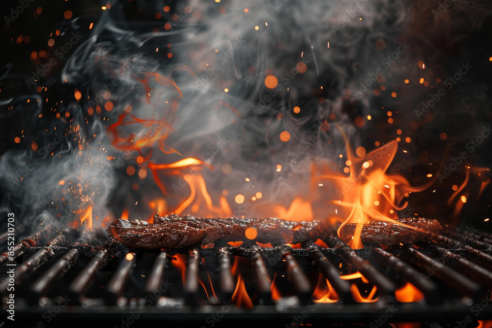 A grill with a piece of meat on it, with smoke and fire coming from it A grill with a piece of meat on it, with smoke and fire coming from it
