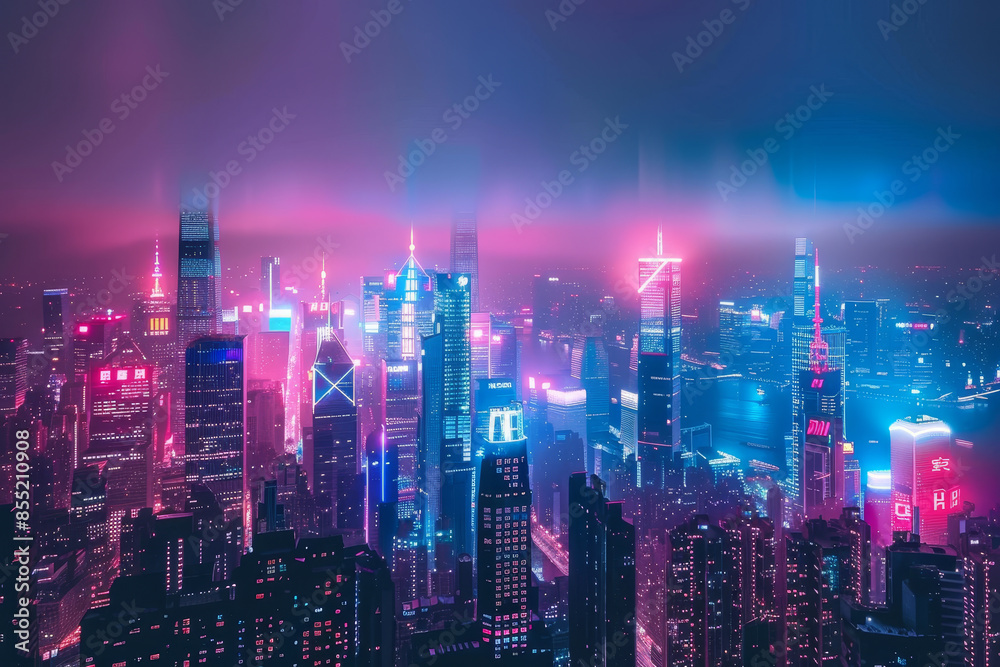 A city skyline at night with neon lights and a purple sky A city skyline at night with neon lights and a purple sky