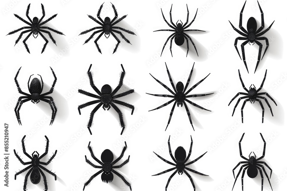 Collection of spider silhouettes against a white background, ideal for use in designs or illustrations Collection of spider silhouettes against a white background, ideal for use in designs or illustrations