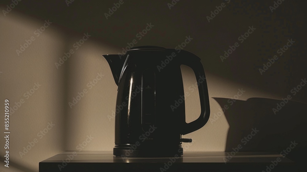A black kettle sitting on a table, potentially ready for use A black kettle sitting on a table, potentially ready for use