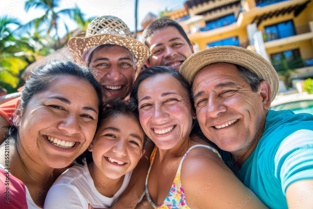 Happy family enjoying a summer vacation together at a tropical resort, smiling and posing for a group selfie. Happy family enjoying a summer vacation together at a tropical resort, smiling and posing for a group selfie.