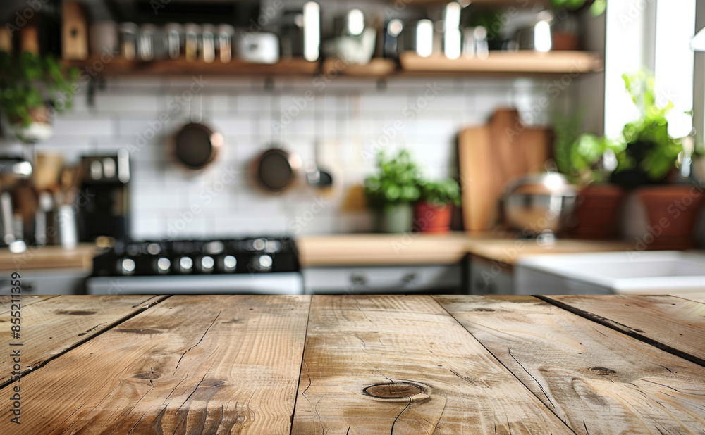Wooden table against blurred kitchen background Wooden table against blurred kitchen background