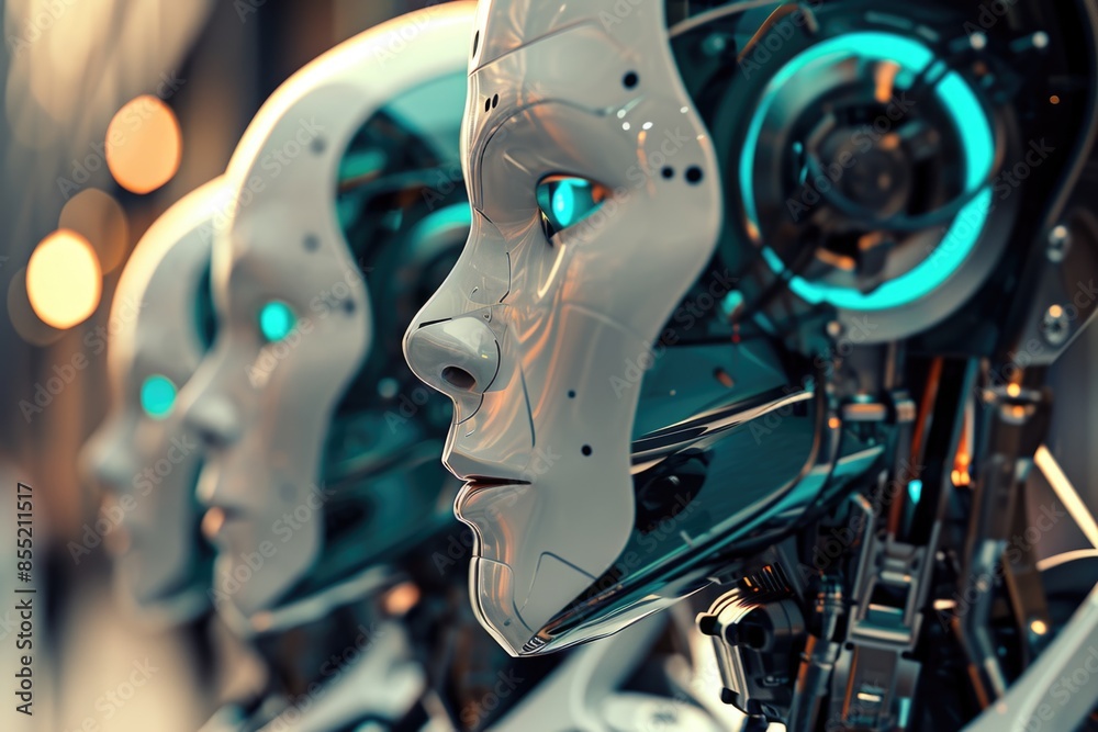 Fototapeta premium Close-up of a robot's head with glowing eyes