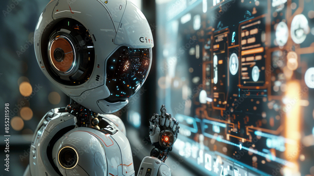 Charming robot on black holds shining 3D apartment hologram, showcasing advanced design.generative ai Charming robot on black holds shining 3D apartment hologram, showcasing advanced design.generative ai