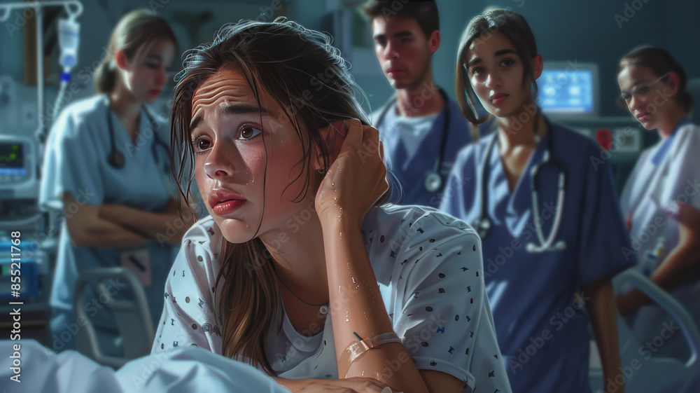 Fototapeta premium Girl in pain on hospital bed, clutching throat; doctors in the background.generative ai