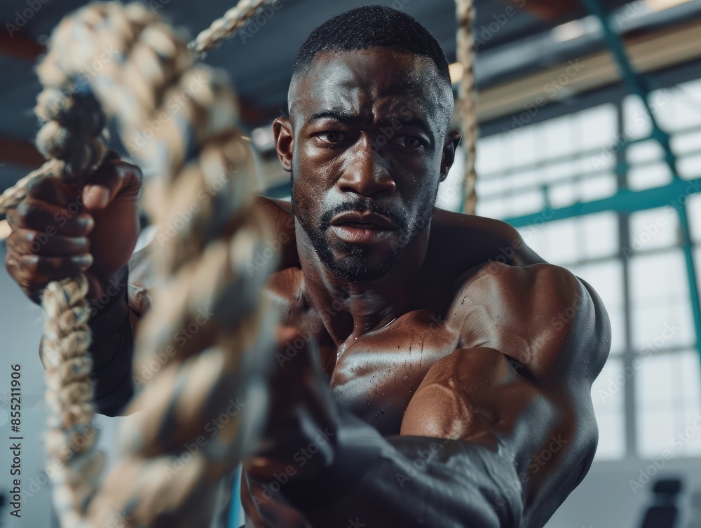 Portrait of a black muscular man doing battle rope workout at gym. Healthy lifestyle, fitness and motivation concept. Portrait of a black muscular man doing battle rope workout at gym. Healthy lifestyle, fitness and motivation concept.
