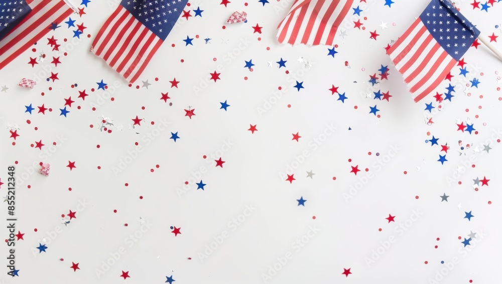Obraz premium A few small American flags and stars are scattered on a white background The web banner features copy space Generative AI