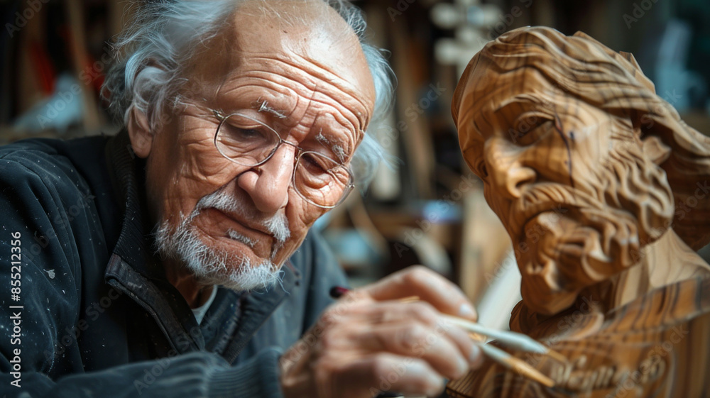 Elderly man carving a wooden Jesus sculpture.generative ai Elderly man carving a wooden Jesus sculpture.generative ai