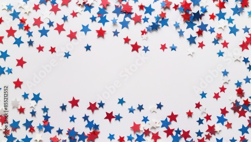 Red, white and blue stars confetti with small American flags on a light background USA holiday celebration banner template for an invitation card Generative AI