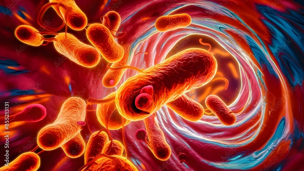A close-up of a bunch of bacteria, a microscope view of bacteria flowing, and genareted AI. A close-up of a bunch of bacteria, a microscope view of bacteria flowing, and genareted AI.