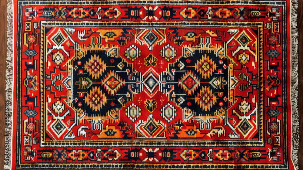 A red and black oriental rug with a fringe A red and black oriental rug with a fringe