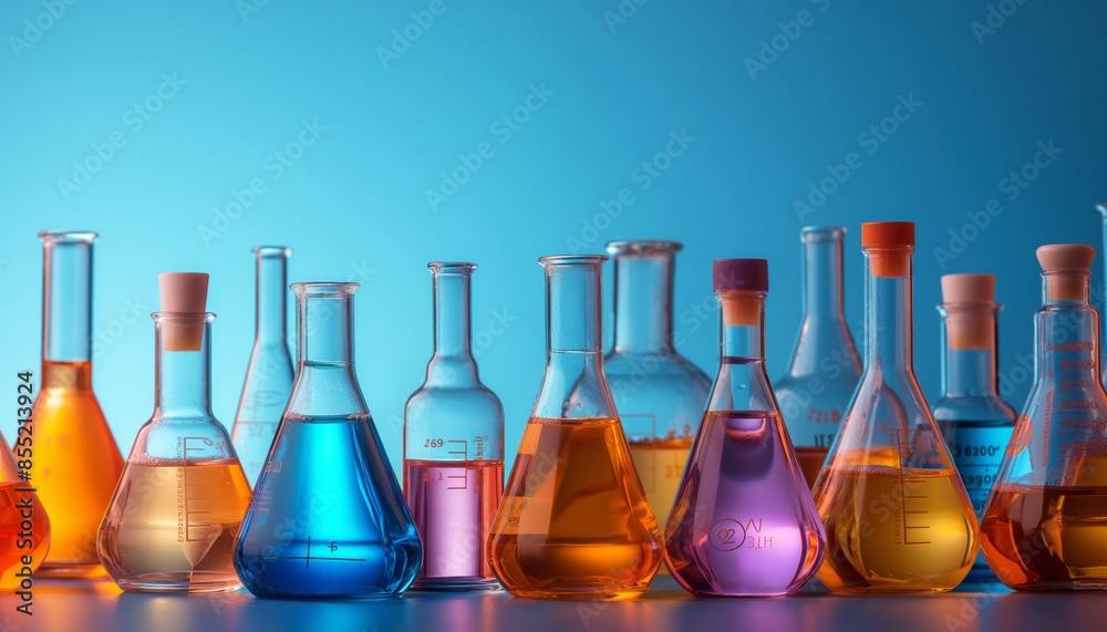 Various Erlenmeyer flasks and beakers containing colorful chemical solutions on a blue-orange gradient backdrop Various Erlenmeyer flasks and beakers containing colorful chemical solutions on a blue-orange gradient backdrop