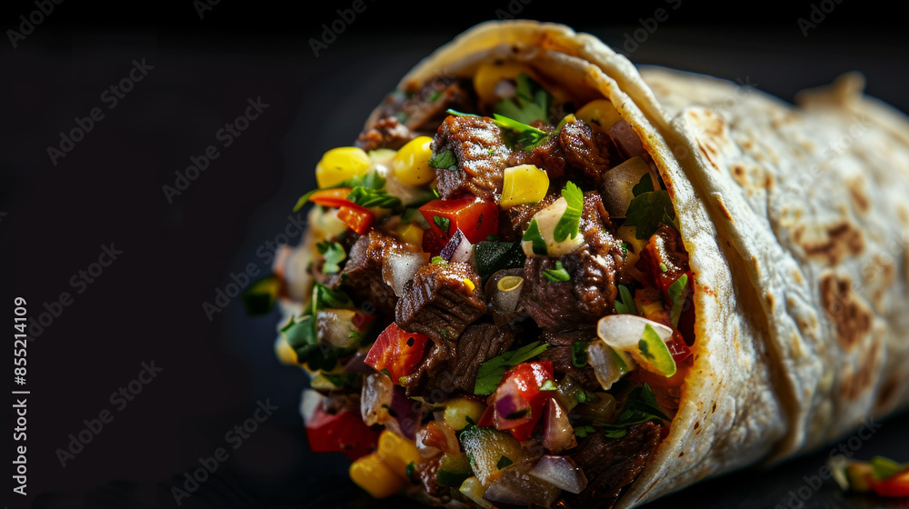A burrito filled with meat and vegetables A burrito filled with meat and vegetables