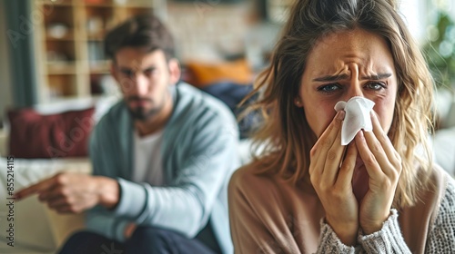 Couple in a heated argument in cozy home environment. Woman is crying and holding tissue paper. Man is pointing with a serious expression.  photo